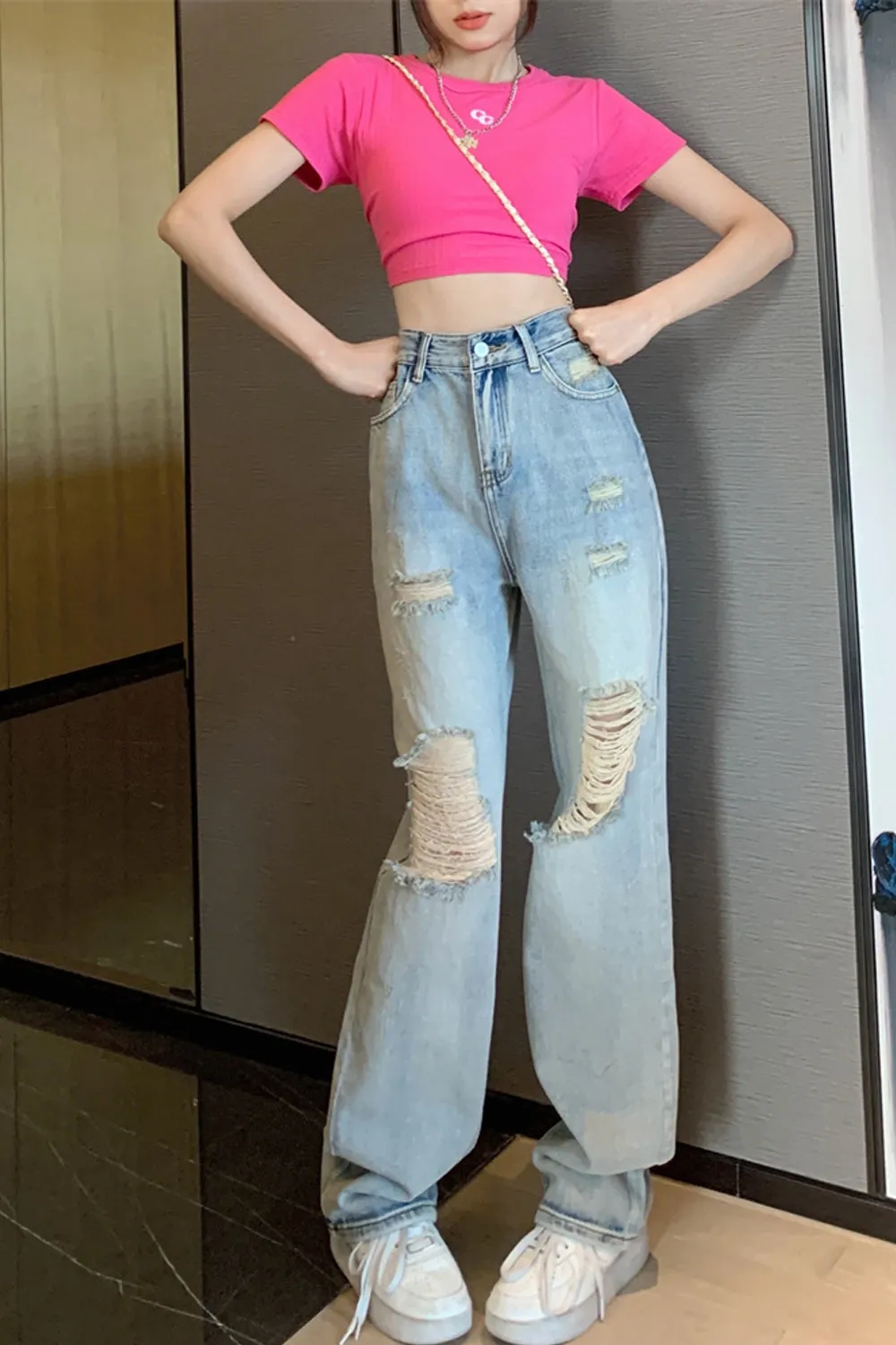 High Waist Ripped Loose Jeans Pants