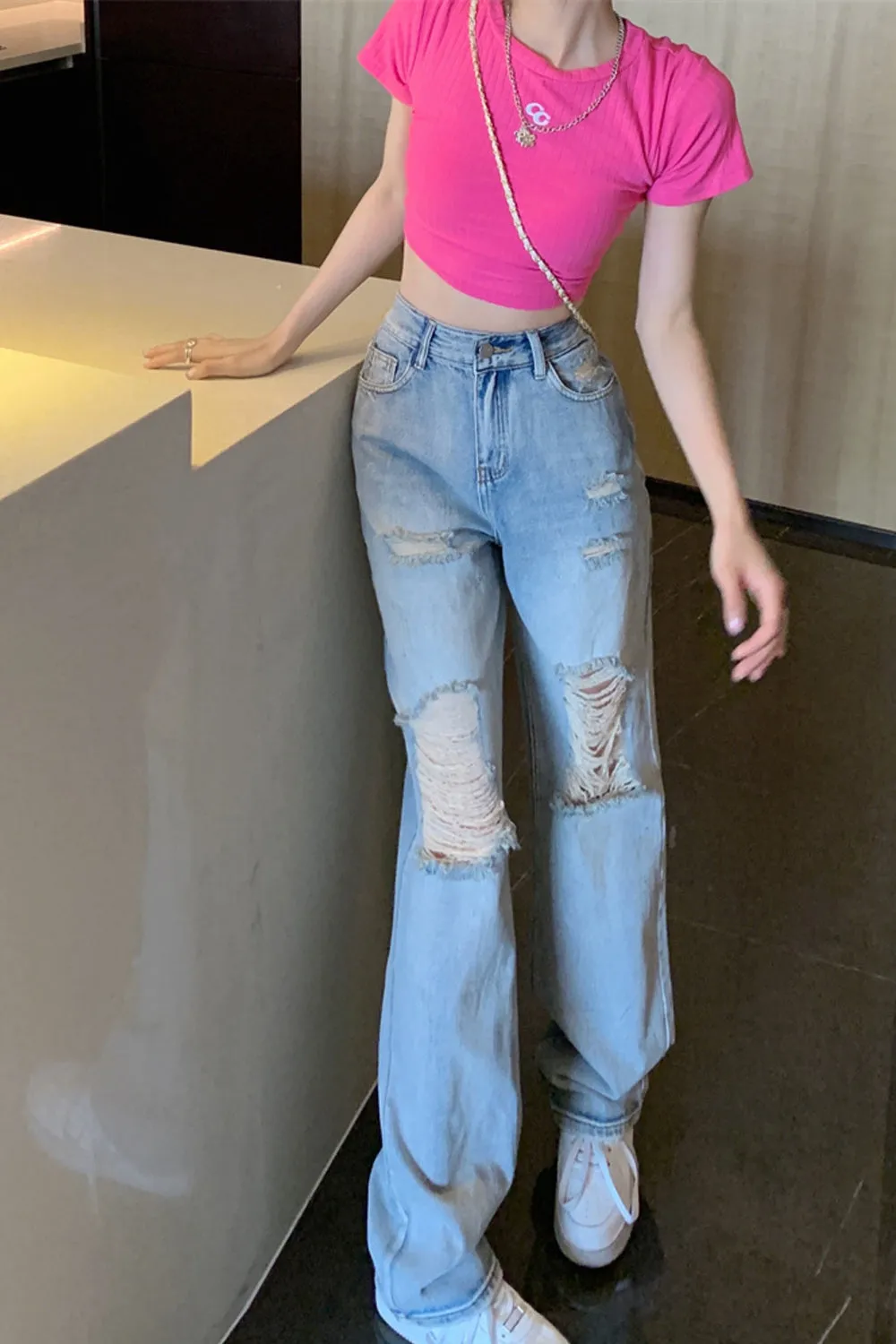 High Waist Ripped Loose Jeans Pants