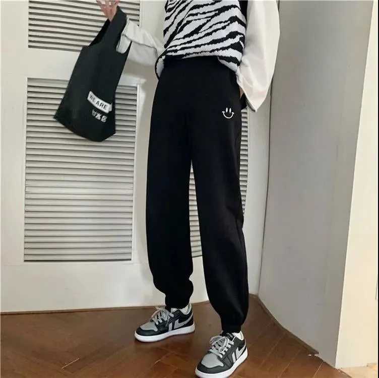 High Waist Smiley Embroidery Jogger Sweatpants