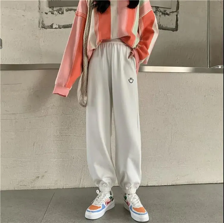 High Waist Smiley Embroidery Jogger Sweatpants