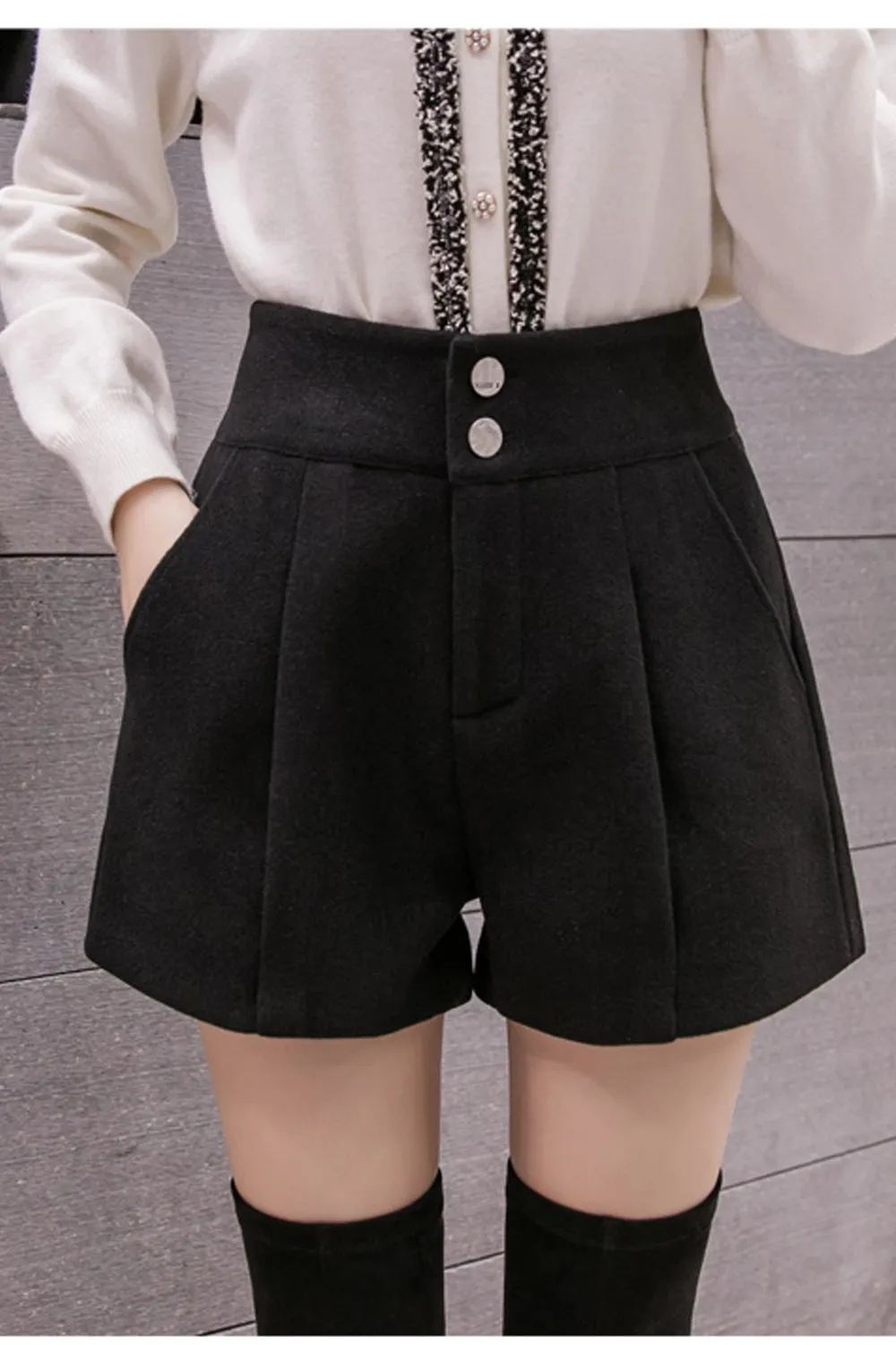 High Waist Wide Leg Woolen Office Shorts