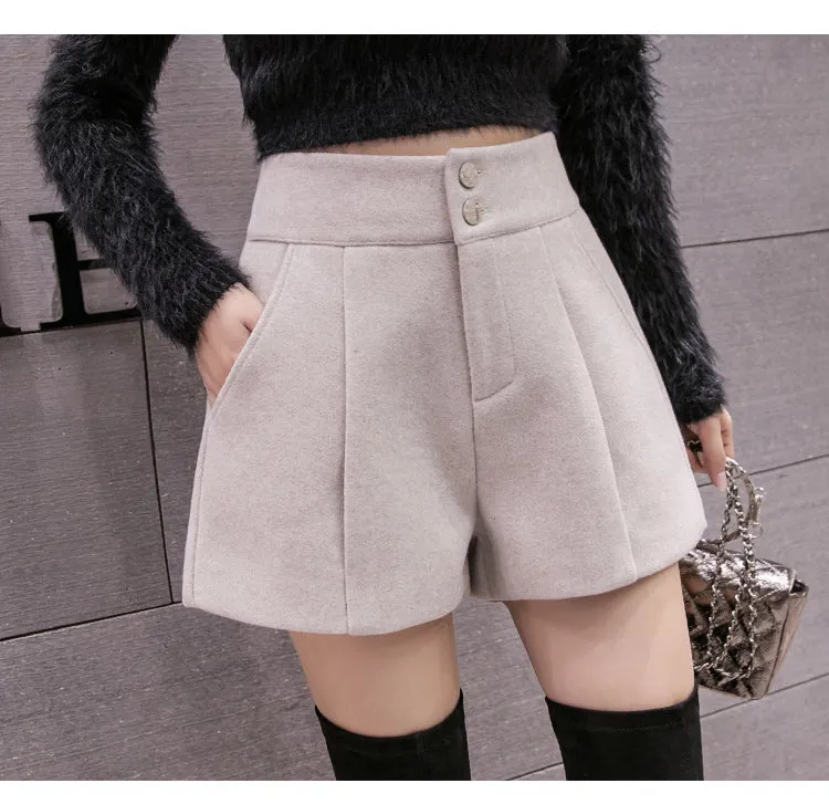 High Waist Wide Leg Woolen Office Shorts