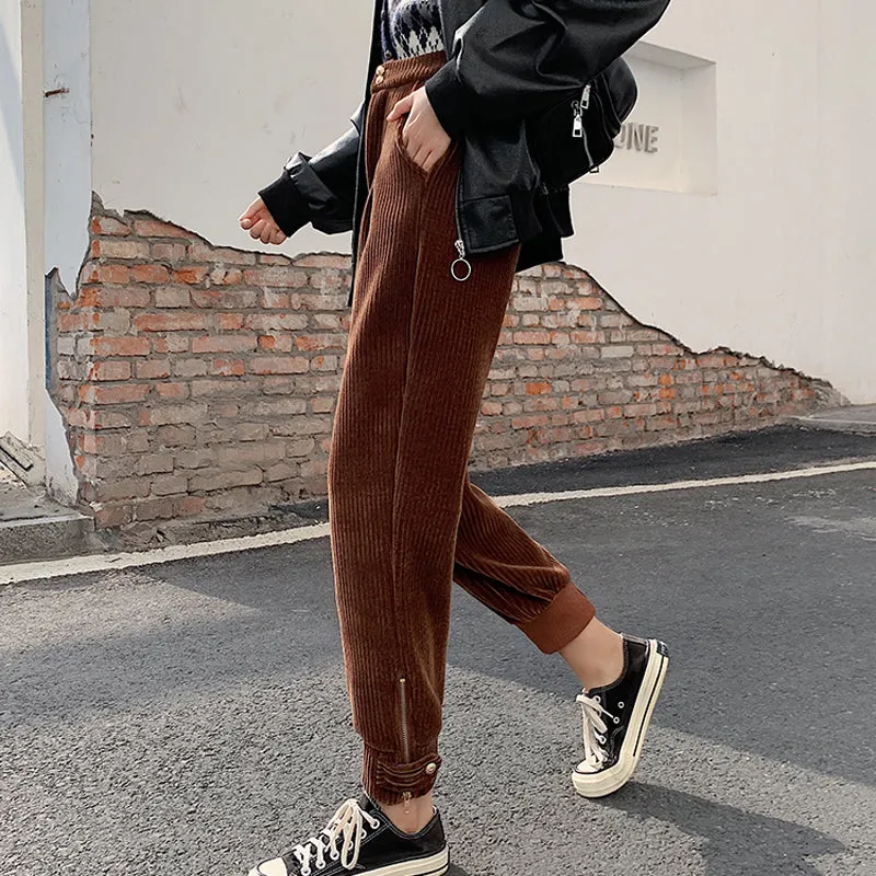 High Waist Zipper Corduroy Pencil Long Pants