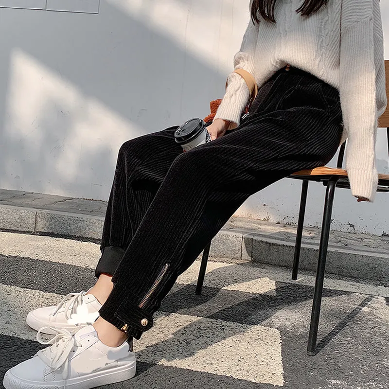 High Waist Zipper Corduroy Pencil Long Pants
