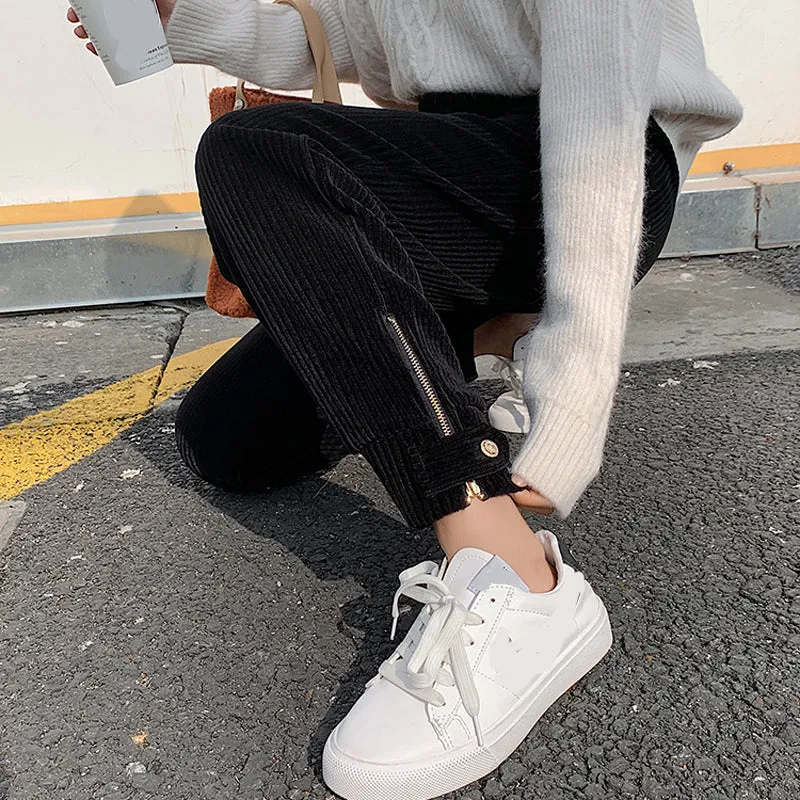 High Waist Zipper Corduroy Pencil Long Pants