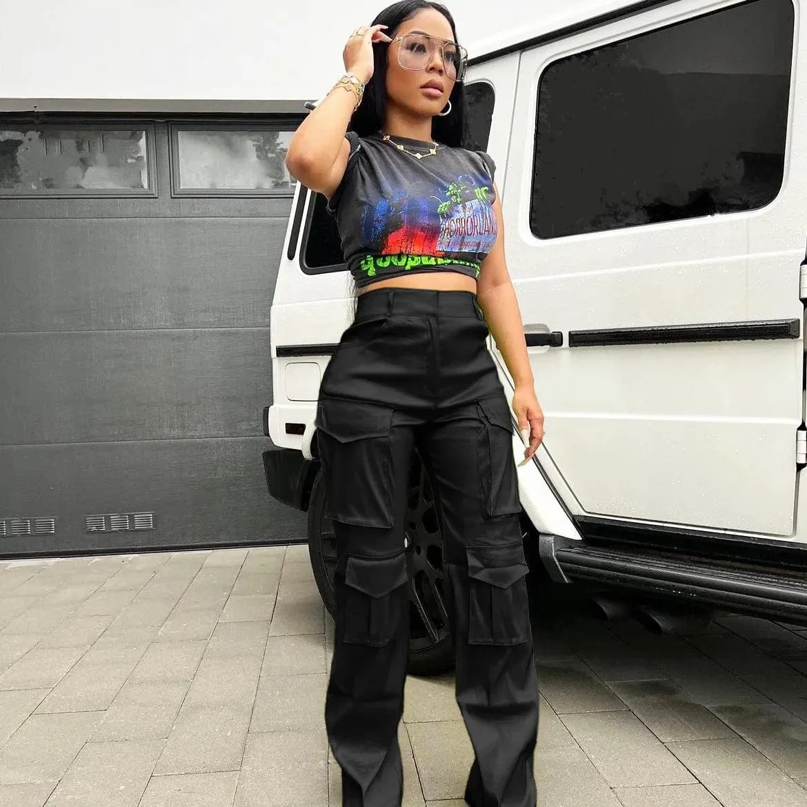 High-Waisted Satin Cargo Jogger Pants for Women