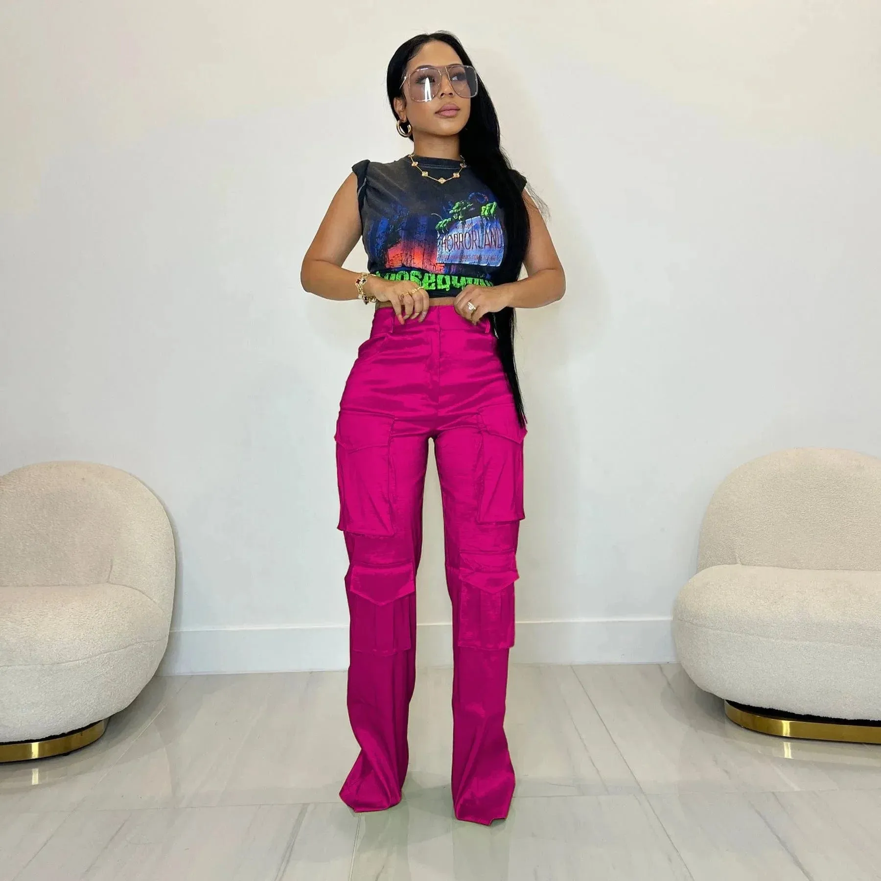 High-Waisted Satin Cargo Jogger Pants for Women