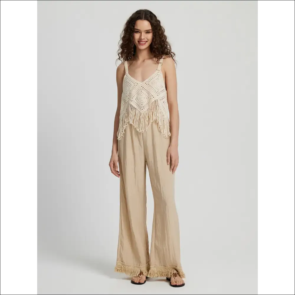 Honey Fringe Hem Wide Leg Pants
