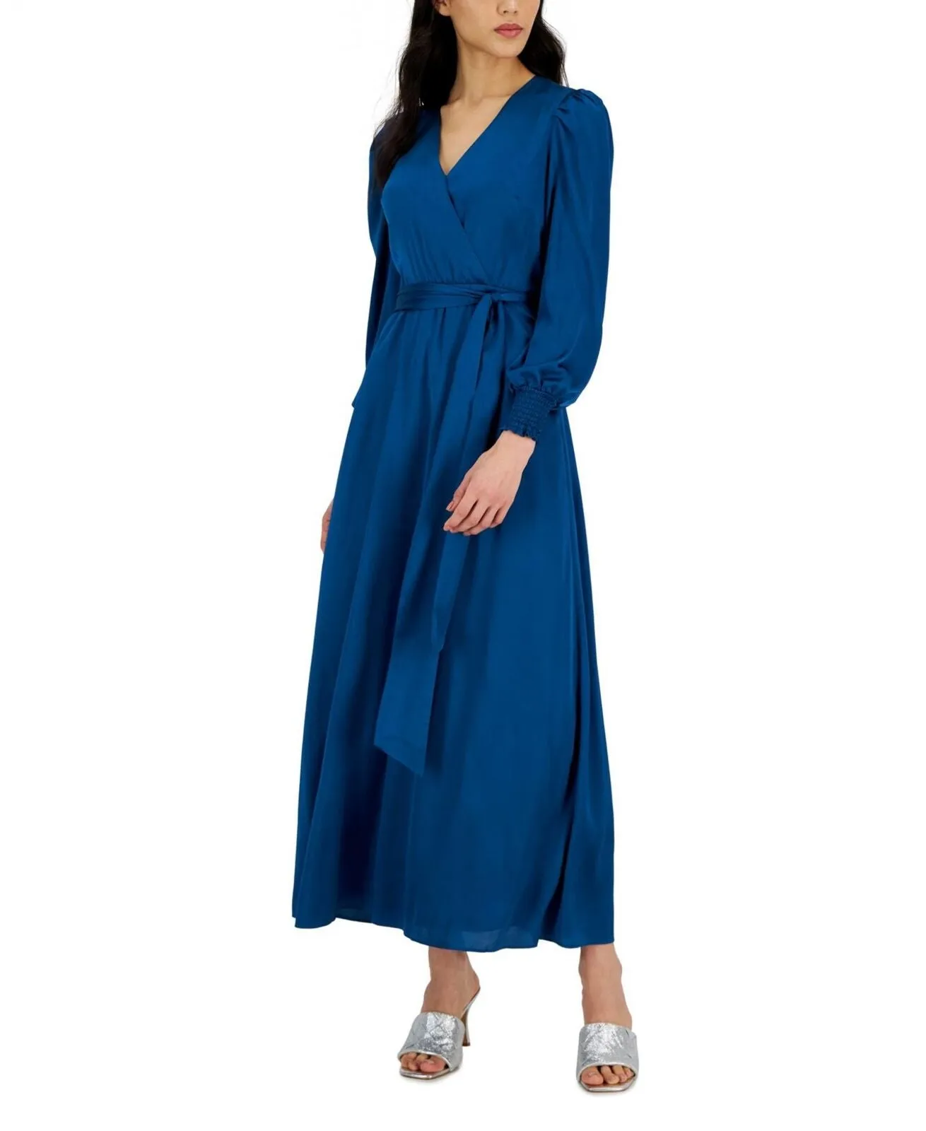 Inc International Concepts Surplice-Neck Smocked-Cuff Maxi Dress Aqua Lake 4