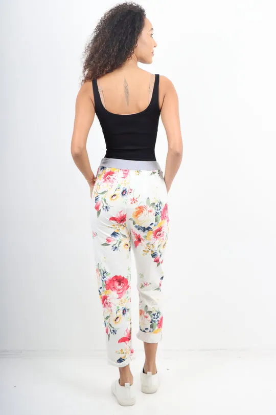 Italian Stretch Cotton Trousers ~ Cream Floral ~ ONE SIZE