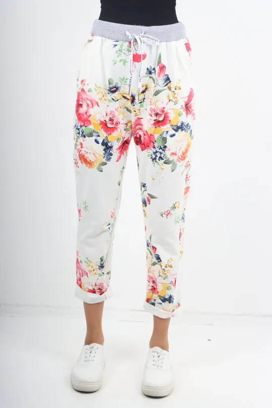 Italian Stretch Cotton Trousers ~ Cream Floral ~ ONE SIZE