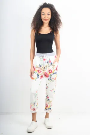 Italian Stretch Cotton Trousers ~ Cream Floral ~ ONE SIZE