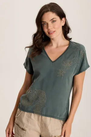 Jolina Twill V-Neck Embroidered Tee