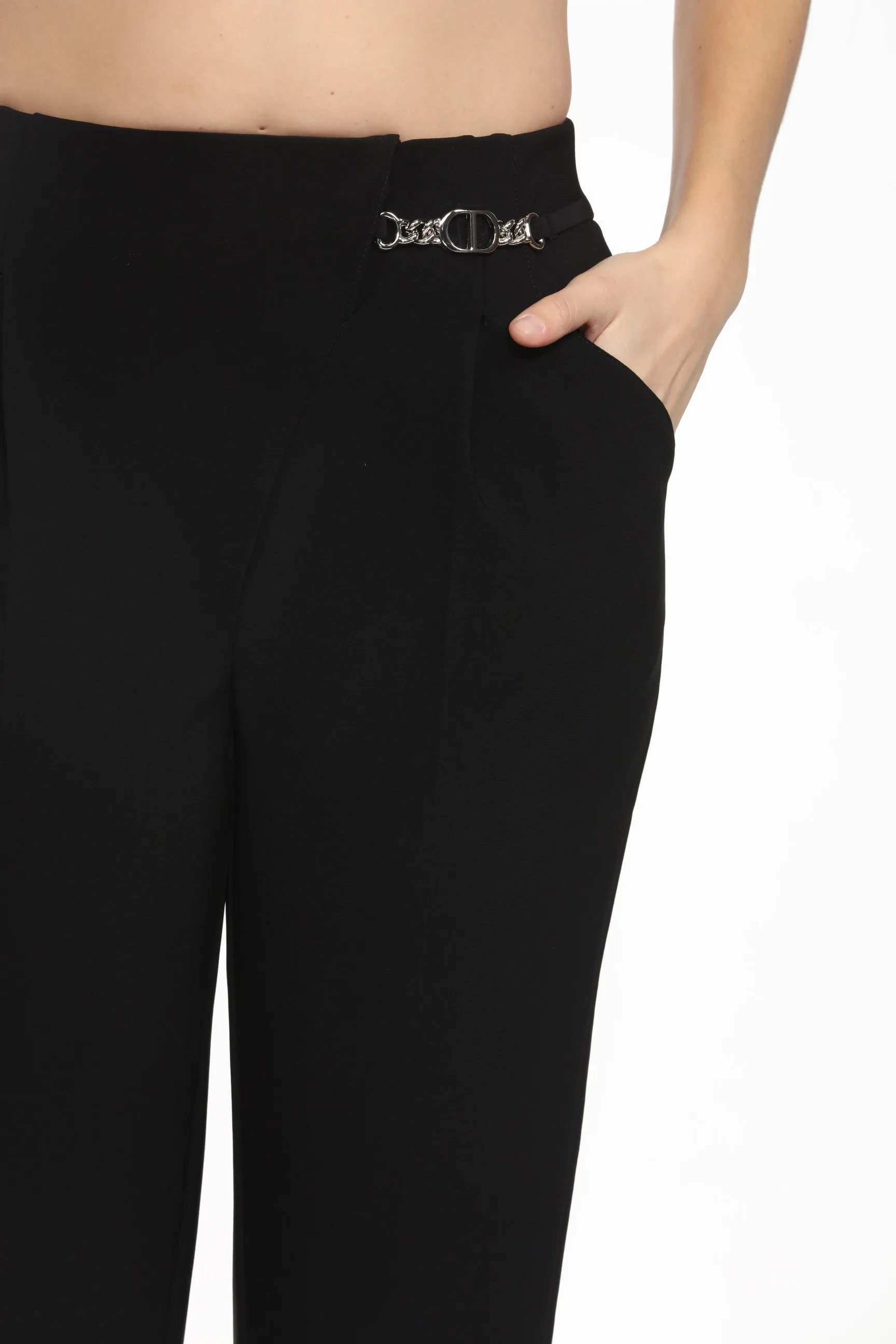Joseph Ribkoff Black Chain Ornament High-Waist Ankle Pants 244029