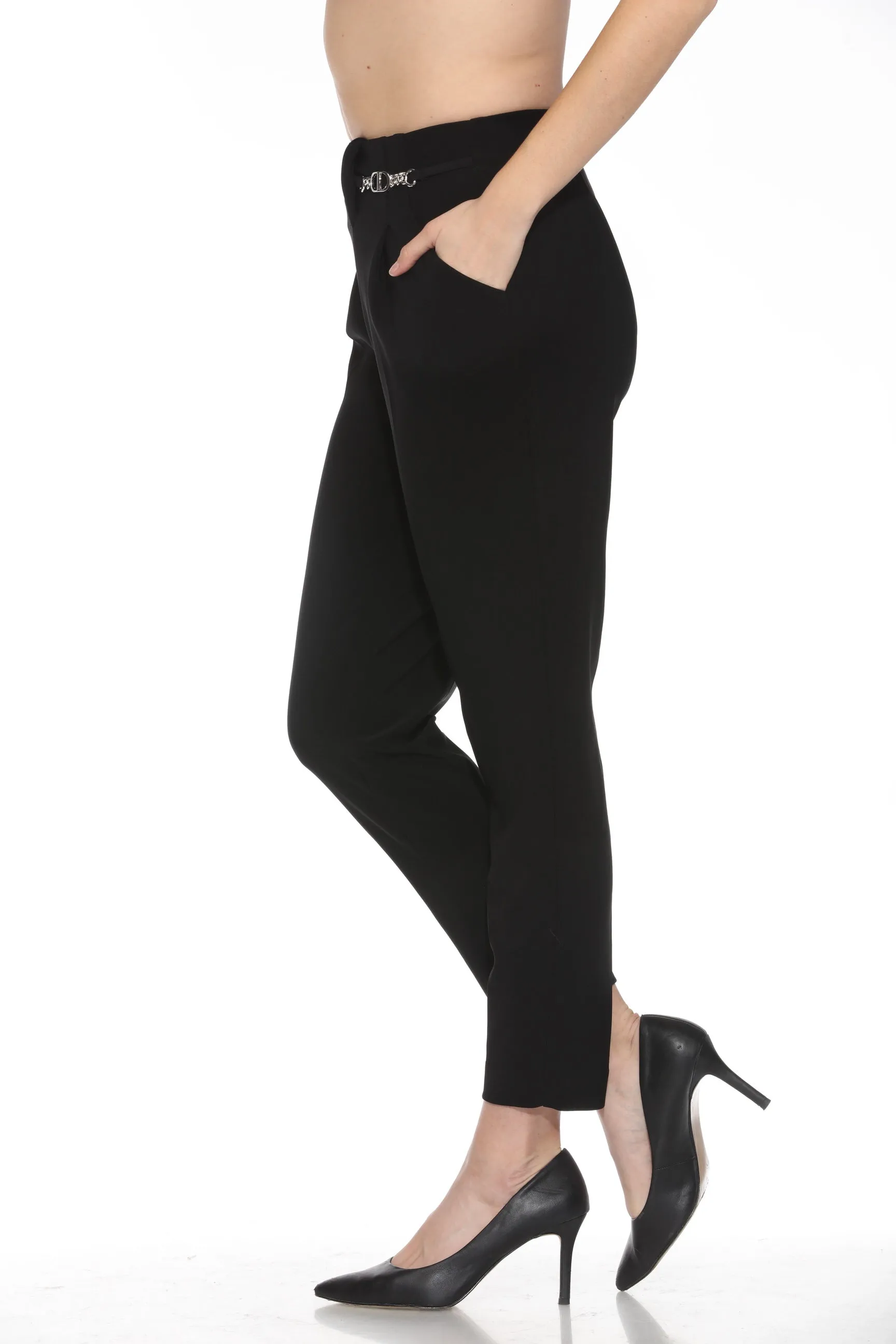 Joseph Ribkoff Black Chain Ornament High-Waist Ankle Pants 244029
