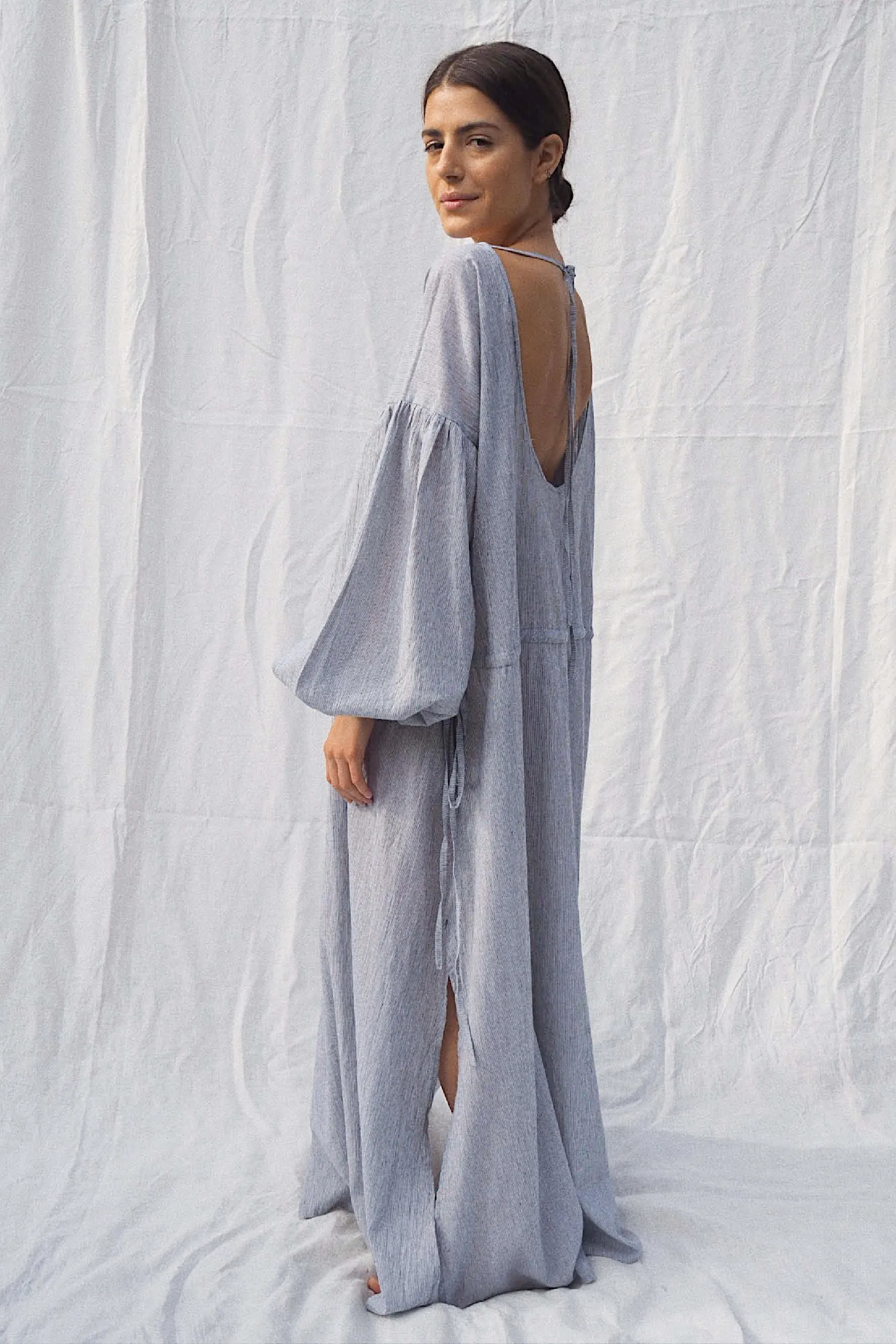 Kaspara Billowed Sleeve Maxi Dress Black Pinstripe