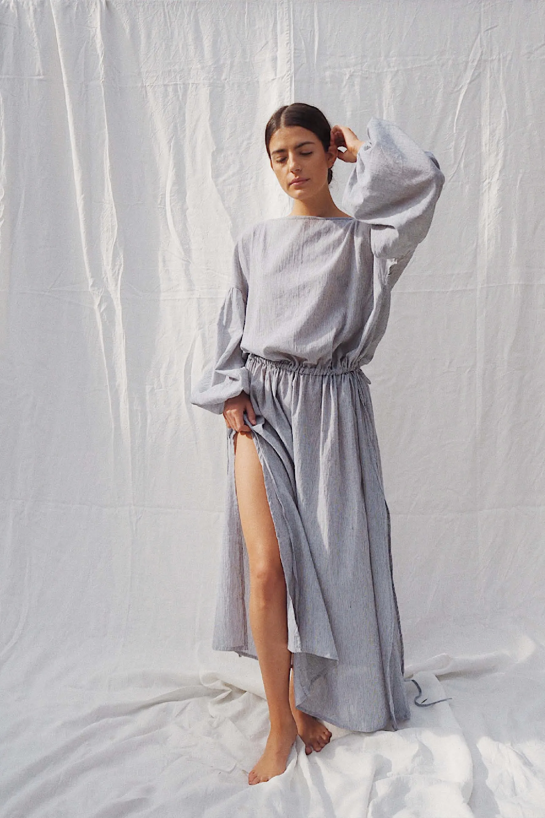 Kaspara Billowed Sleeve Maxi Dress Black Pinstripe