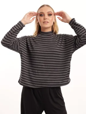 Ladies Boxy Turtle Pullover - Black/Grey