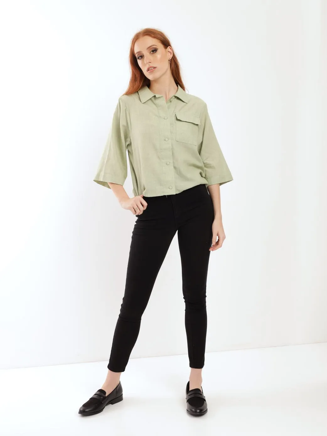 Ladies Short Sleeve Boxy Pocket Shirt - Black