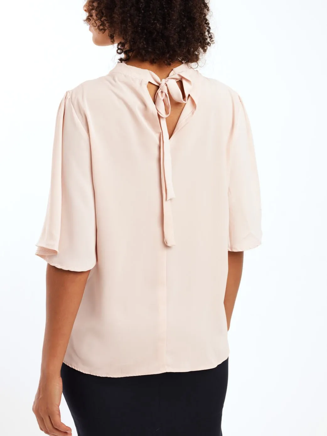 Ladies Tie Back Printed Flared Sleeve Blouse - Light Pink