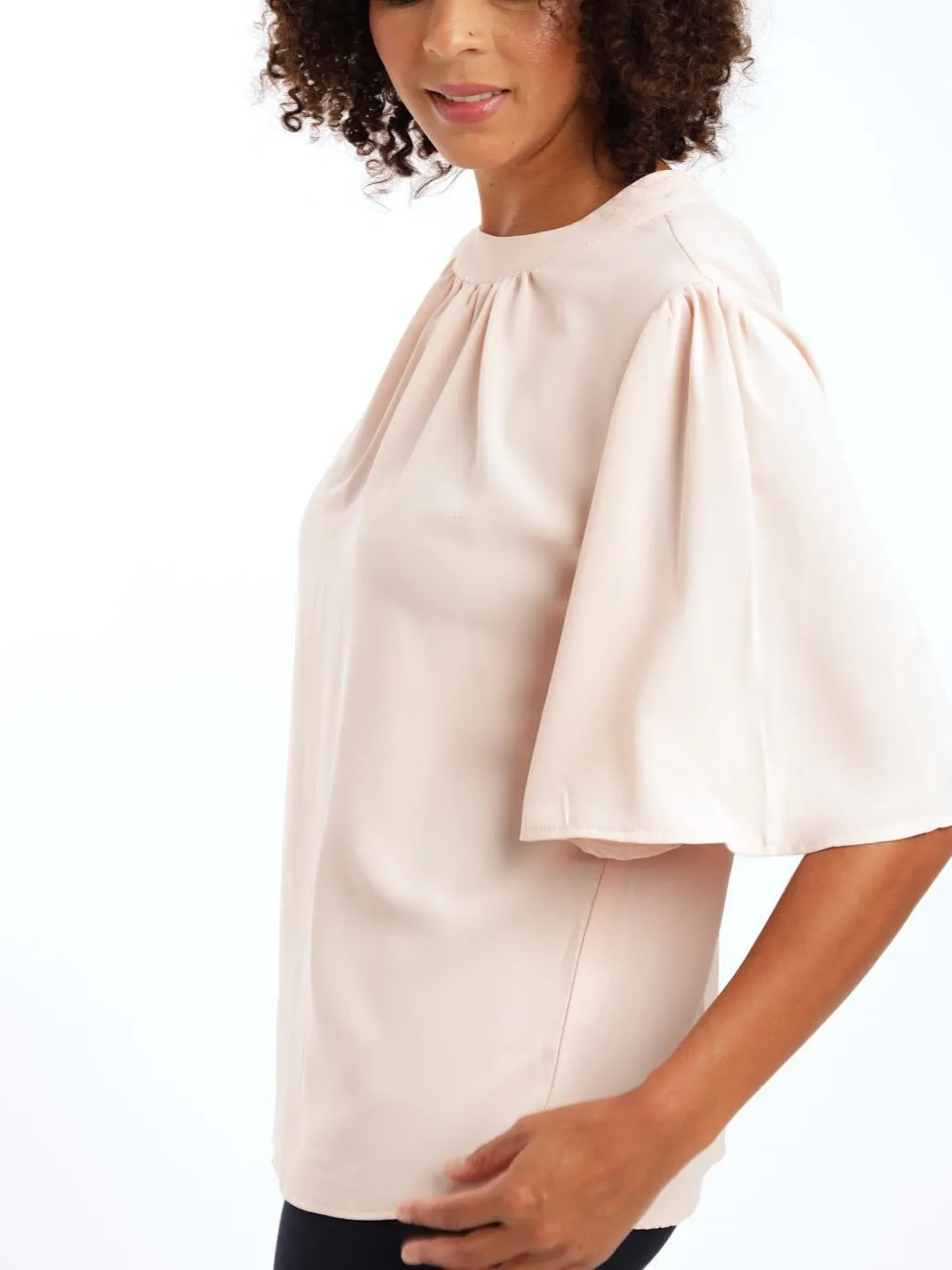 Ladies Tie Back Printed Flared Sleeve Blouse - Light Pink