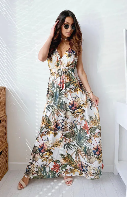 Leaf Print Maxi Dress with V-Neck and Cinched Waist