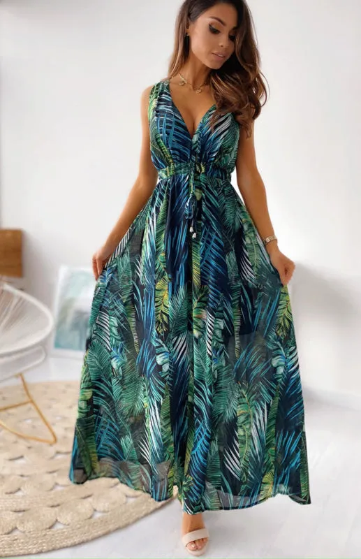 Leaf Print Maxi Dress with V-Neck and Cinched Waist