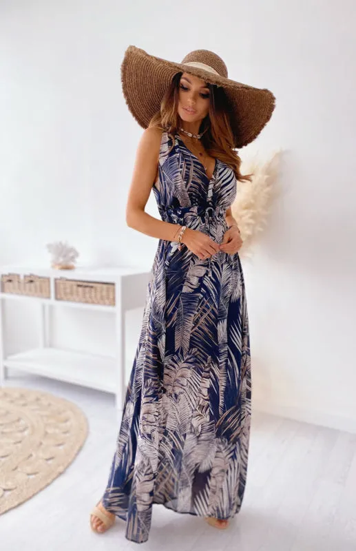 Leaf Print Maxi Dress with V-Neck and Cinched Waist