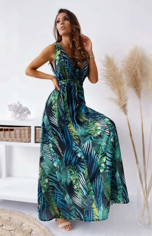 Leaf Print Maxi Dress with V-Neck and Cinched Waist