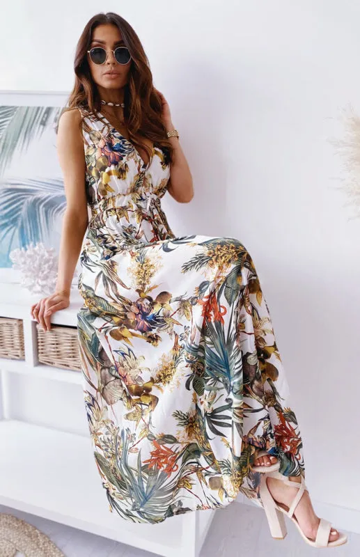 Leaf Print Maxi Dress with V-Neck and Cinched Waist