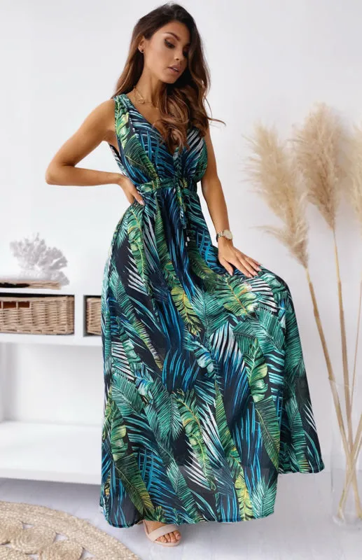 Leaf Print Maxi Dress with V-Neck and Cinched Waist