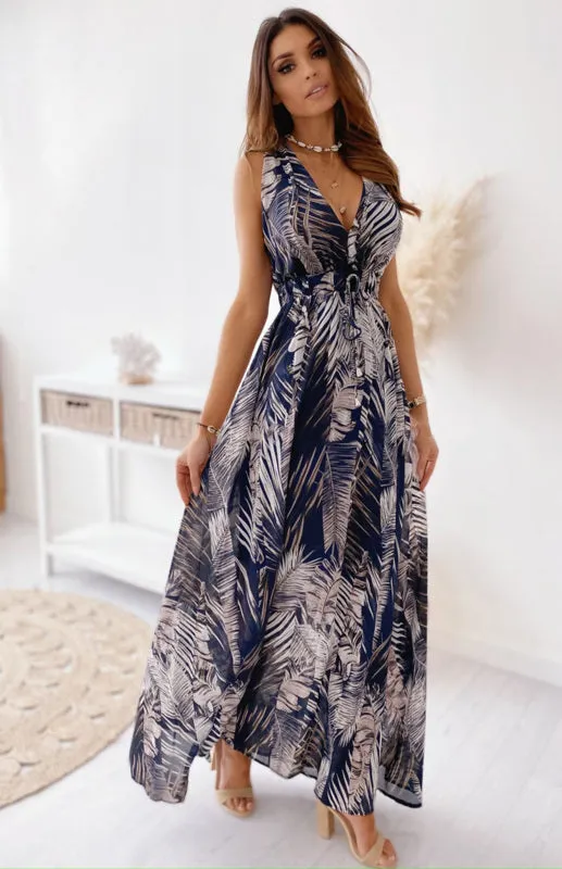Leaf Print Maxi Dress with V-Neck and Cinched Waist
