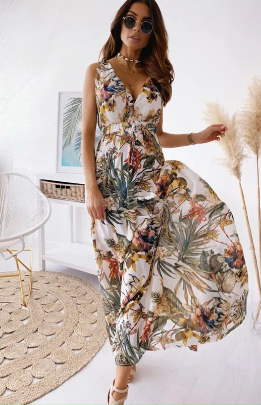 Leaf Print Maxi Dress with V-Neck and Cinched Waist