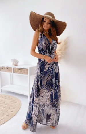 Leaf Print Maxi Dress with V-Neck and Cinched Waist