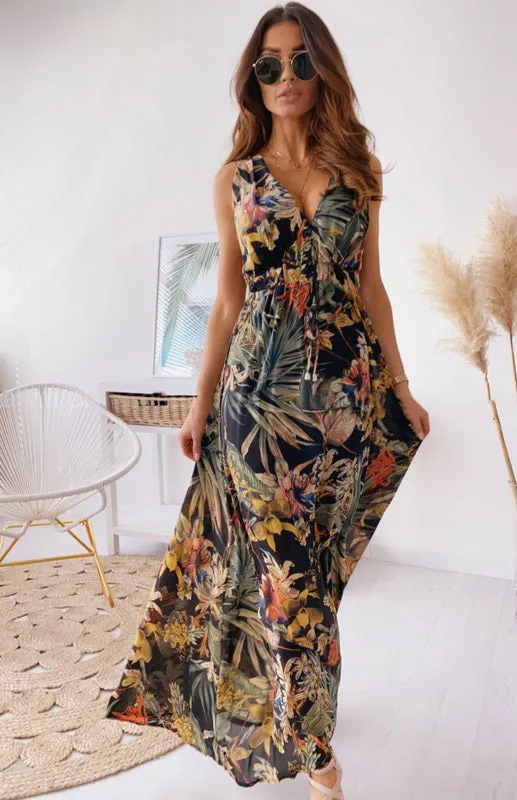 Leaf Print Maxi Dress with V-Neck and Cinched Waist