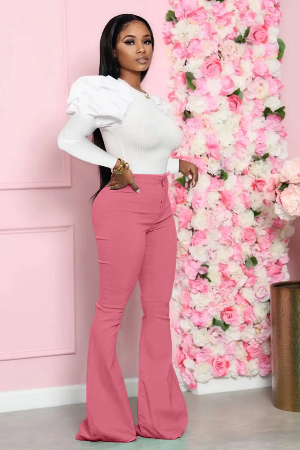 Leg-Of-Mutton Sleeve Top and Flare Pants Set