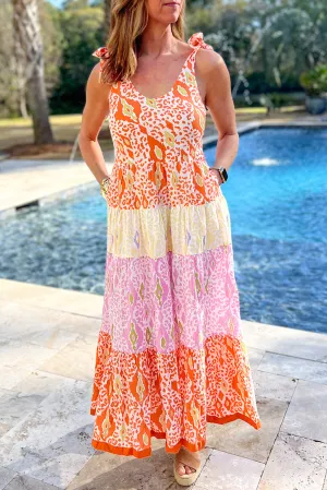Leopard Print Maxi Dress with Knotted Straps and Tiered Design