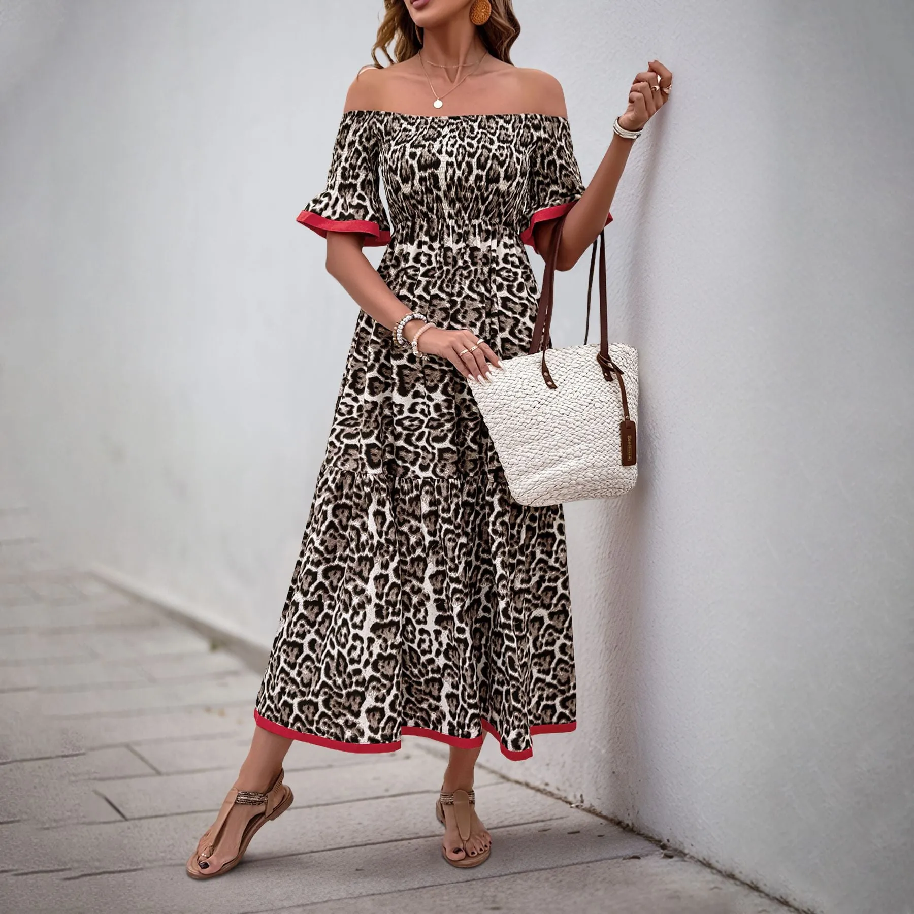 Leopard Print Off-Shoulder Maxi Dress | Smocked Boho Dress