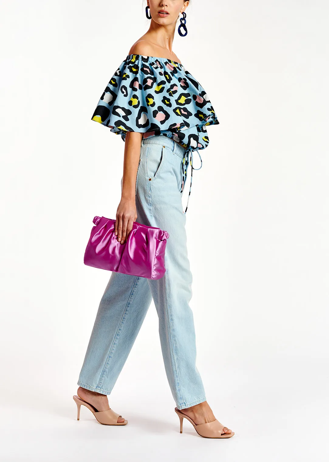 Light blue leopard-print off-shoulder top