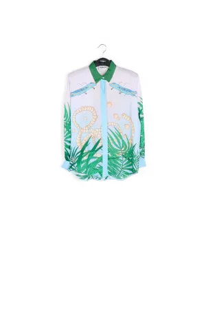 Light blue tropical print viscose-jacquard shirt