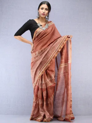 Light Brown Ivory Maheshwari Silk Hand Block Printed Saree With Zari Border - S031704481