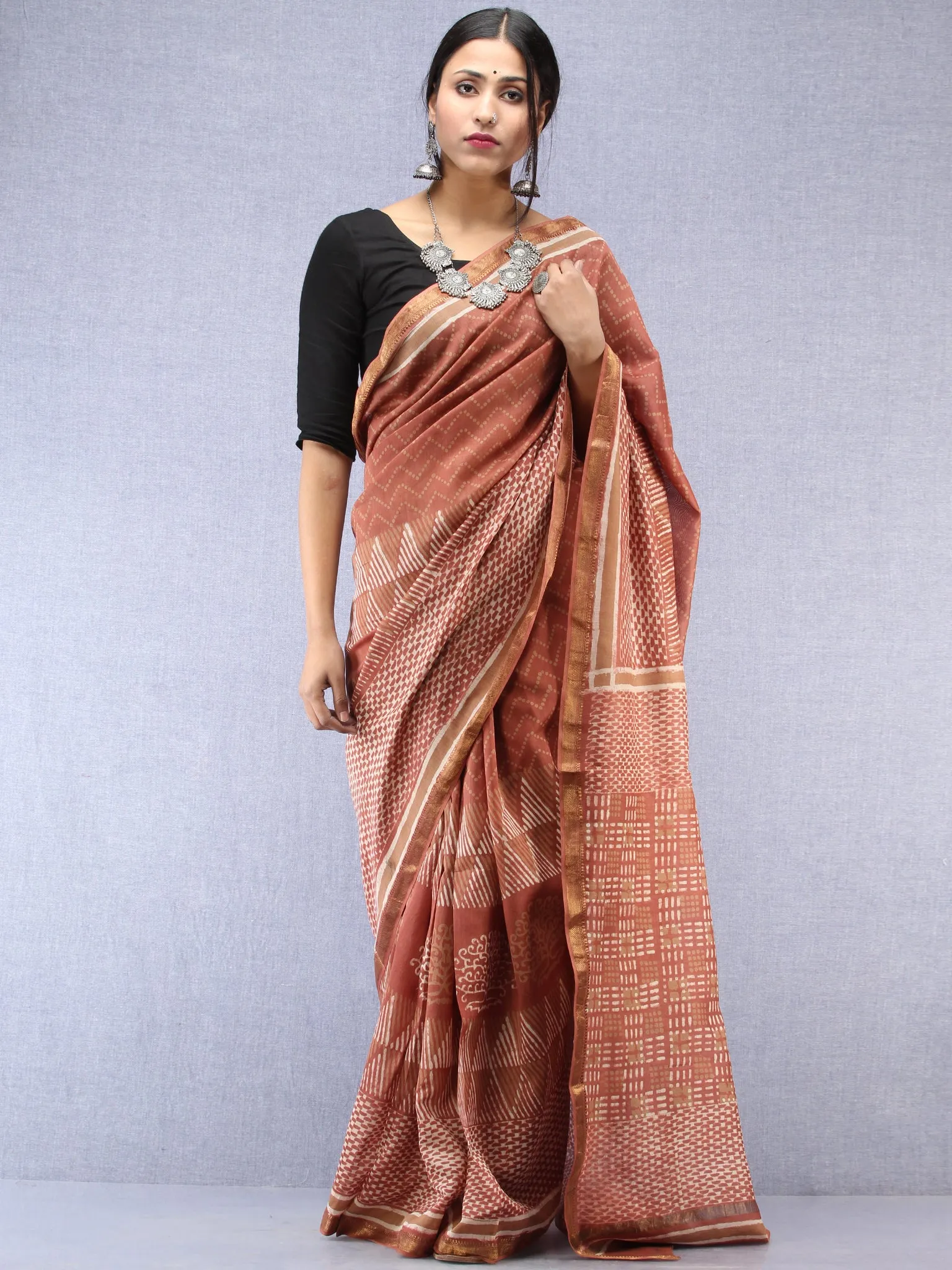 Light Brown Ivory Maheshwari Silk Hand Block Printed Saree With Zari Border - S031704481