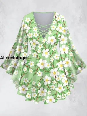 Light Green Flower Print V-Neck Long Sleeve Shirt