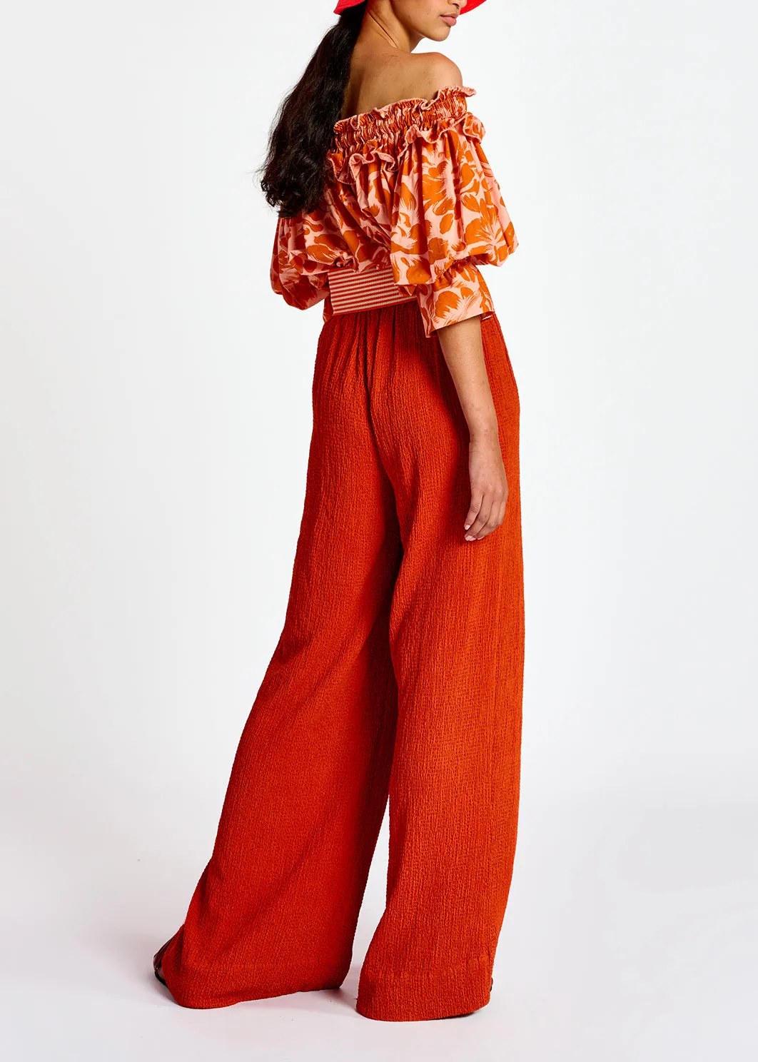 Light pink and orange tropical print off-the-shoulder top