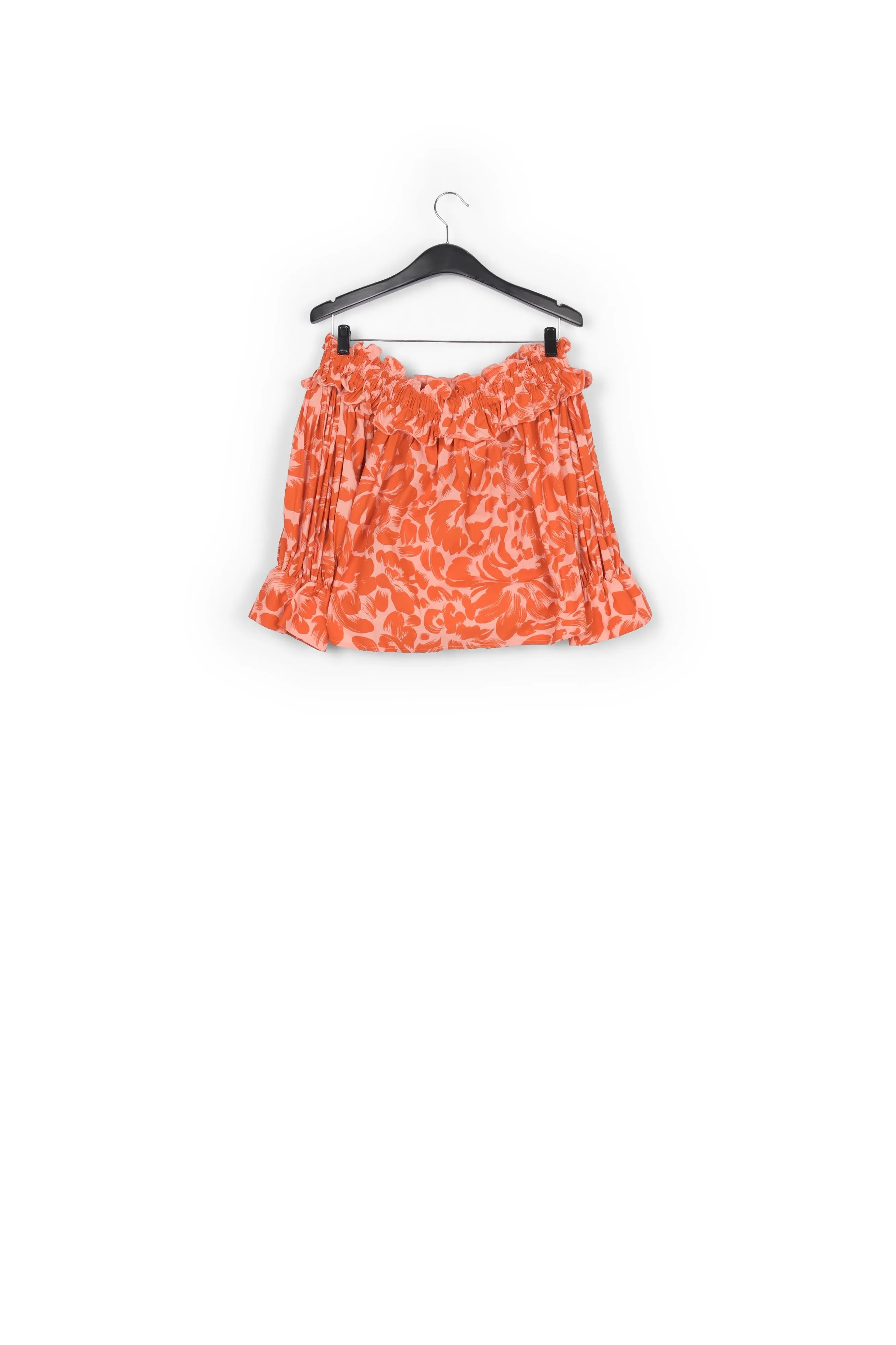 Light pink and orange tropical print off-the-shoulder top