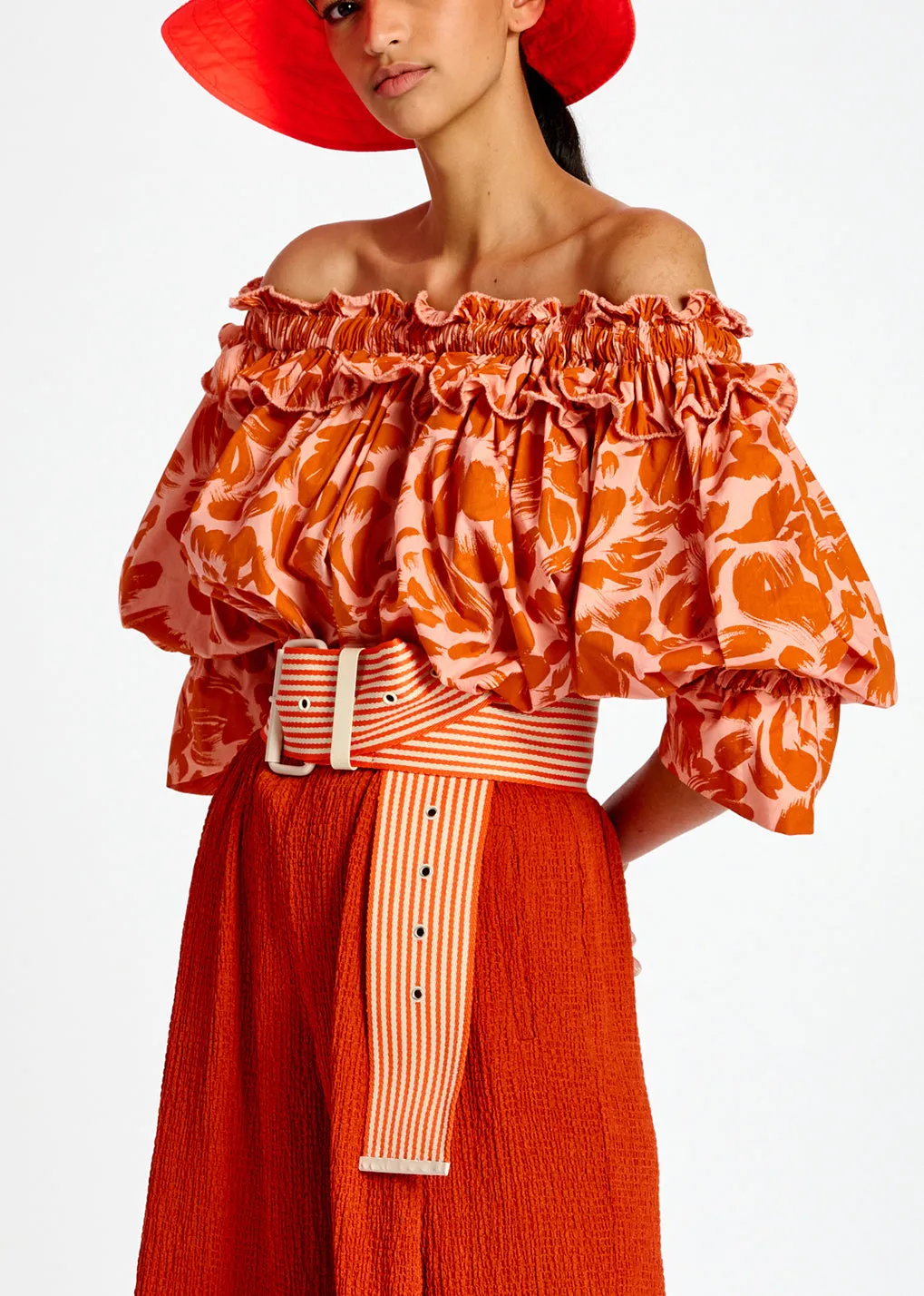 Light pink and orange tropical print off-the-shoulder top