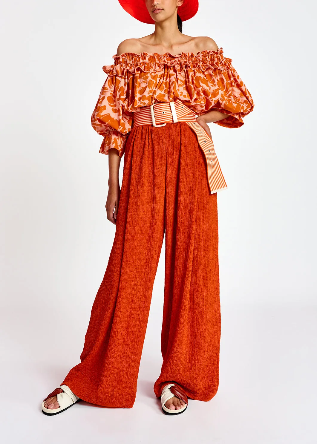 Light pink and orange tropical print off-the-shoulder top