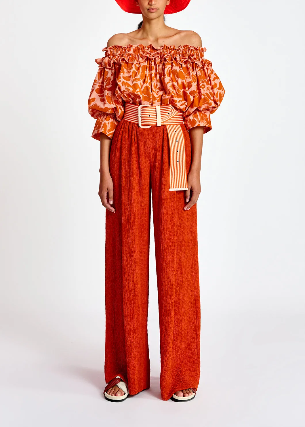 Light pink and orange tropical print off-the-shoulder top