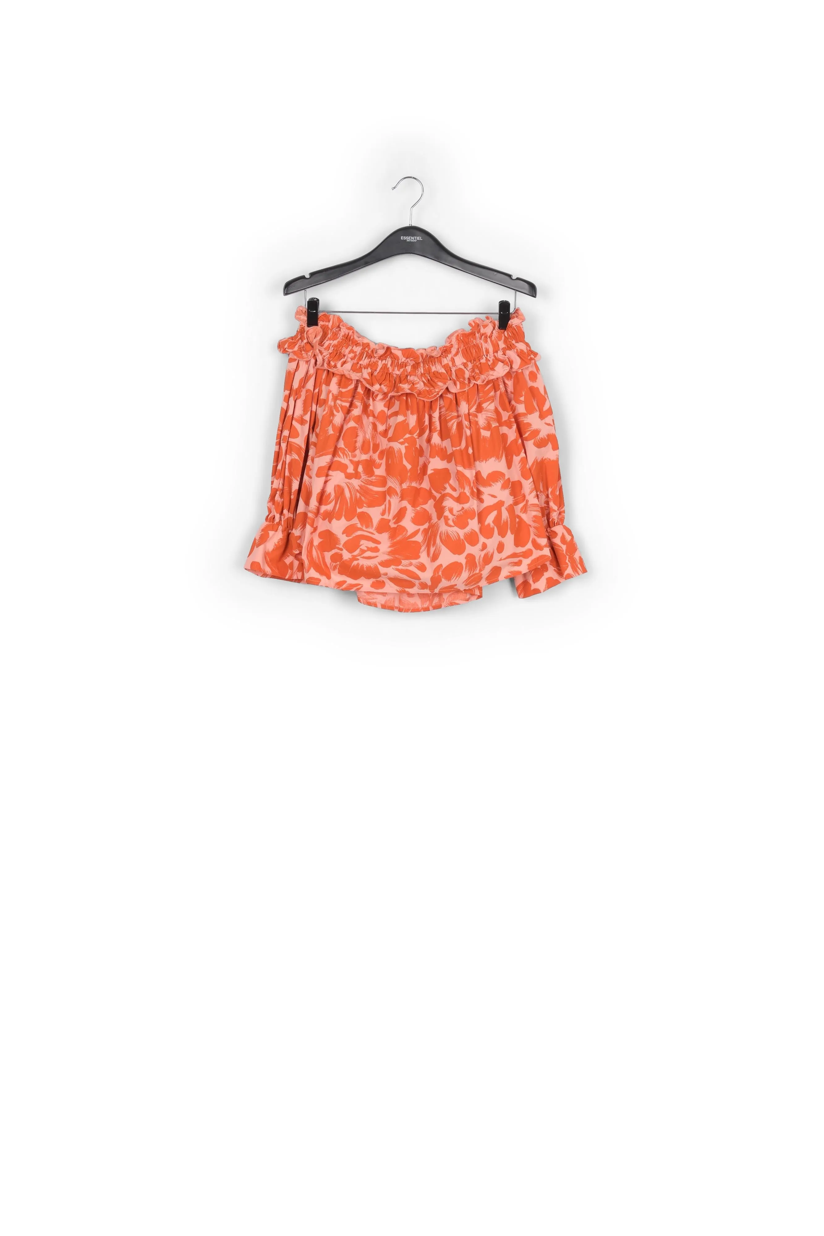 Light pink and orange tropical print off-the-shoulder top