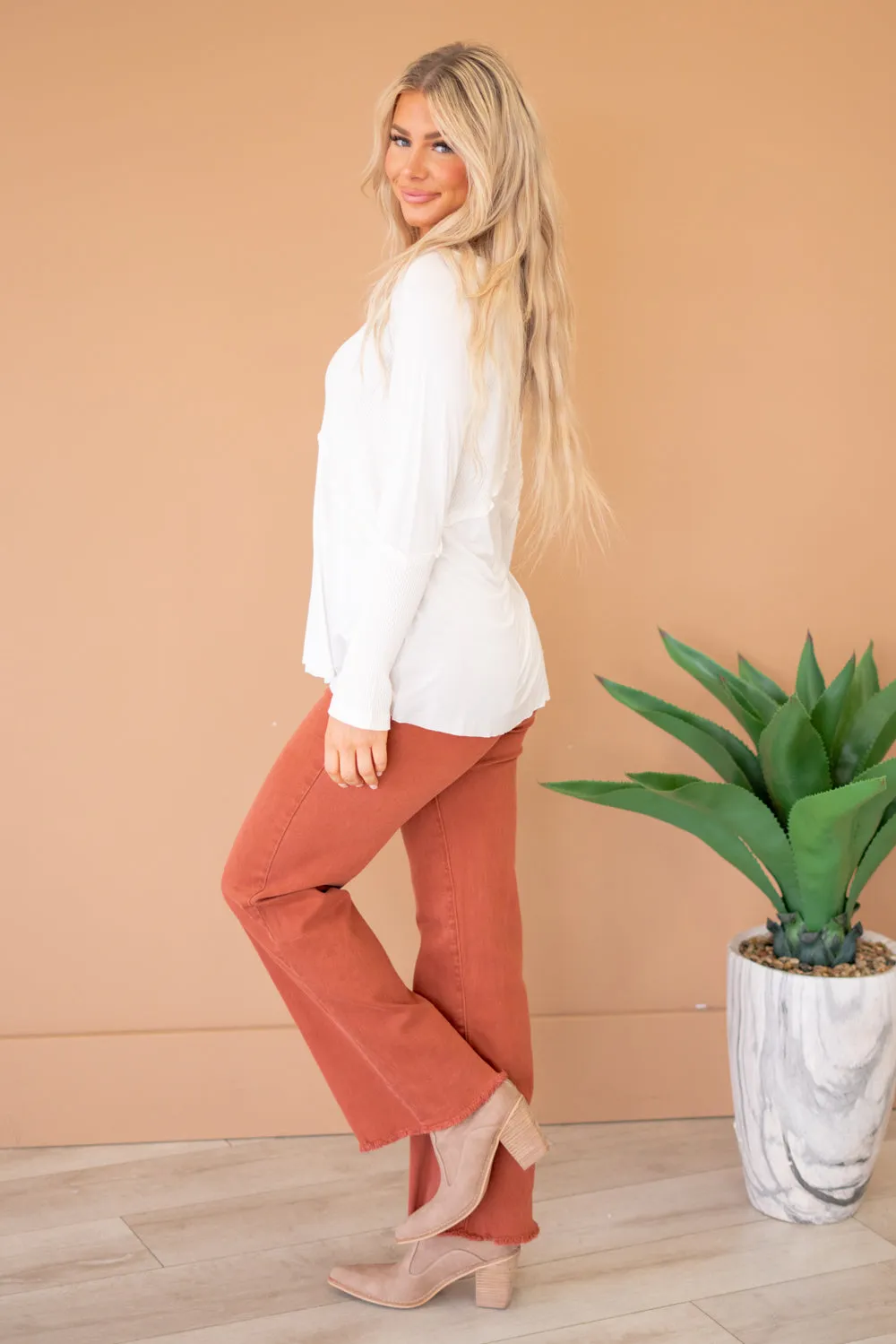 Light Wash Rib Textured Long Sleeve Top